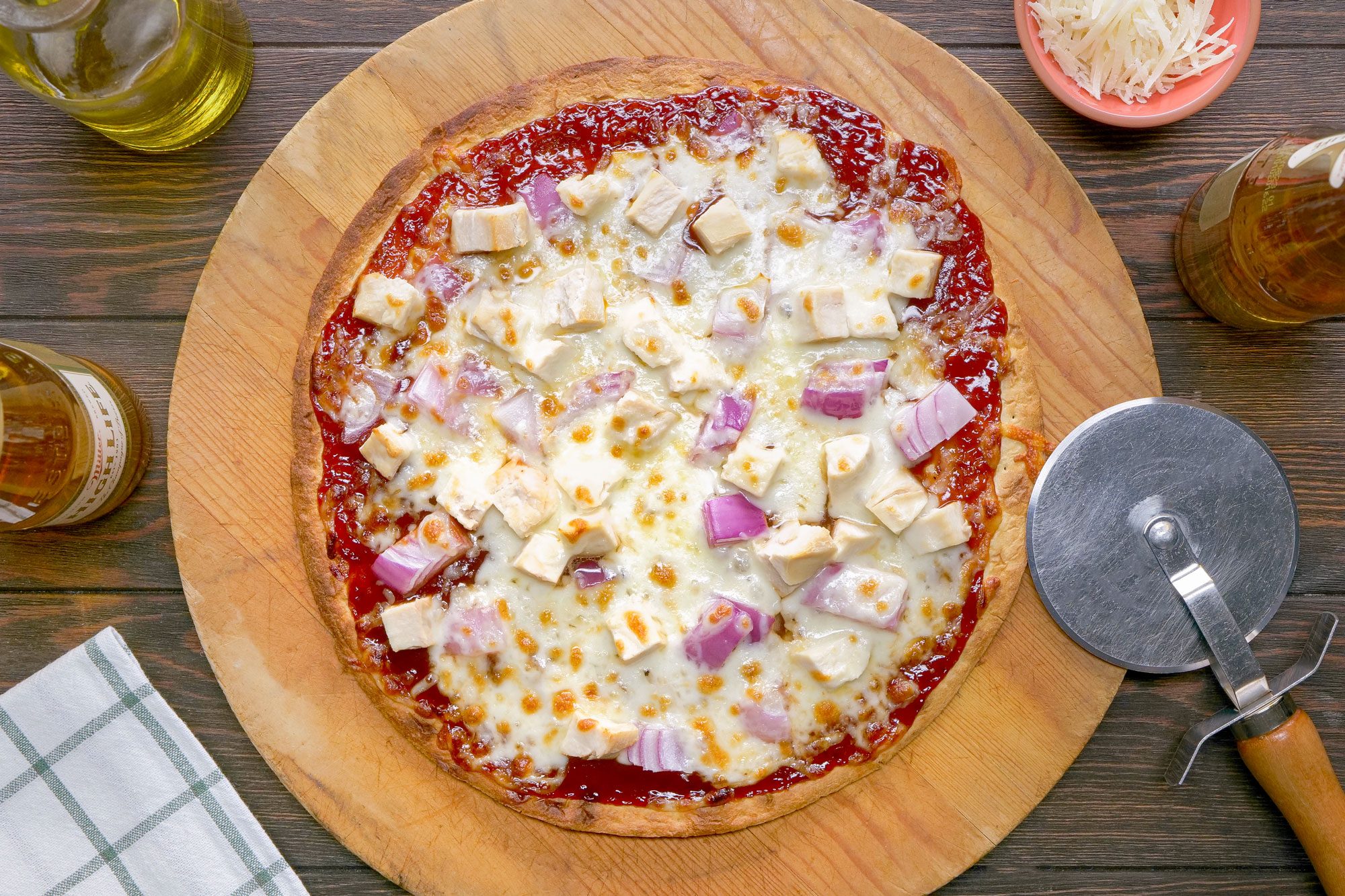 Barbecue Chicken Pizza on a Wooden Pizza Plate