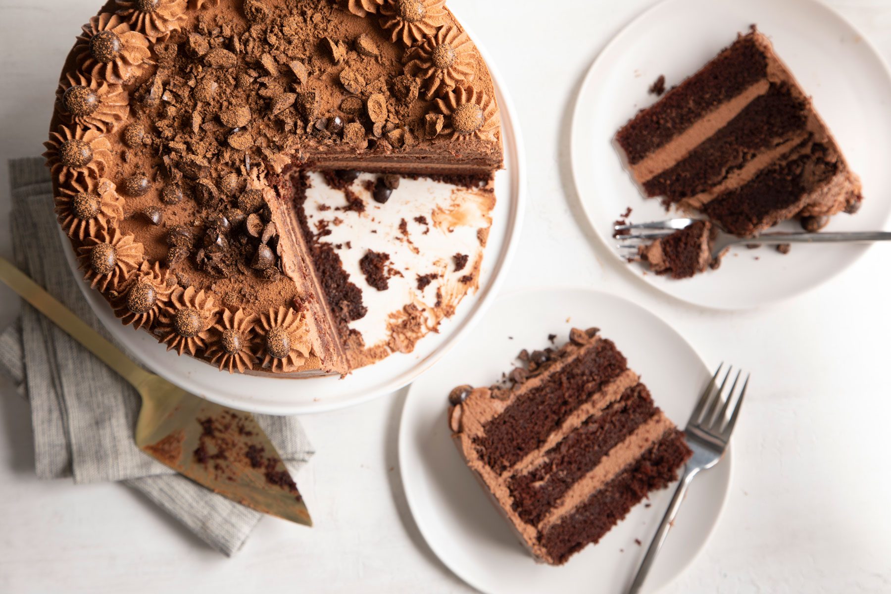 Slices of Mocha Cake on small white plates