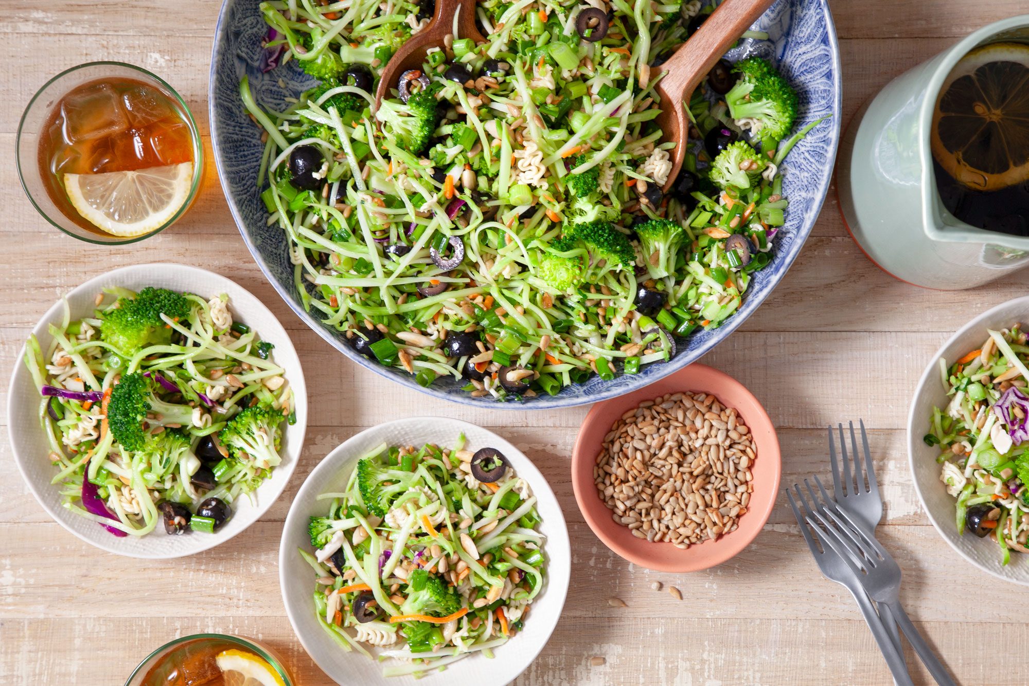 Ramen Coleslaw in Fancy Blue Plate and Bowls on Wooden Surface