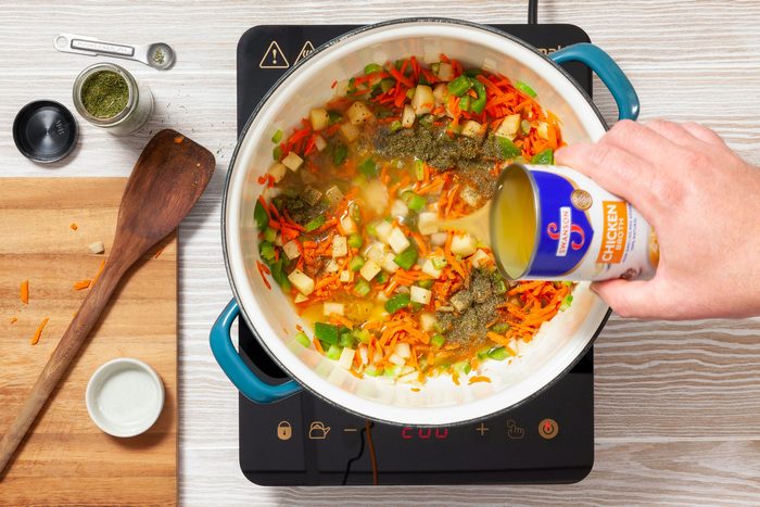 Cooking Salmon Chowder in Pan