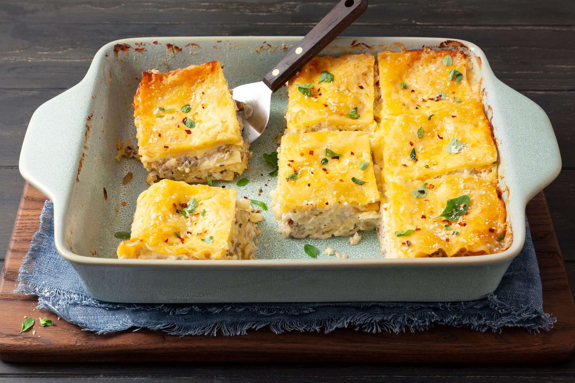 White Lasagna sliced into pieces