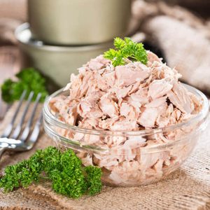 Bowl with canned Tuna (detailed close-up shot)