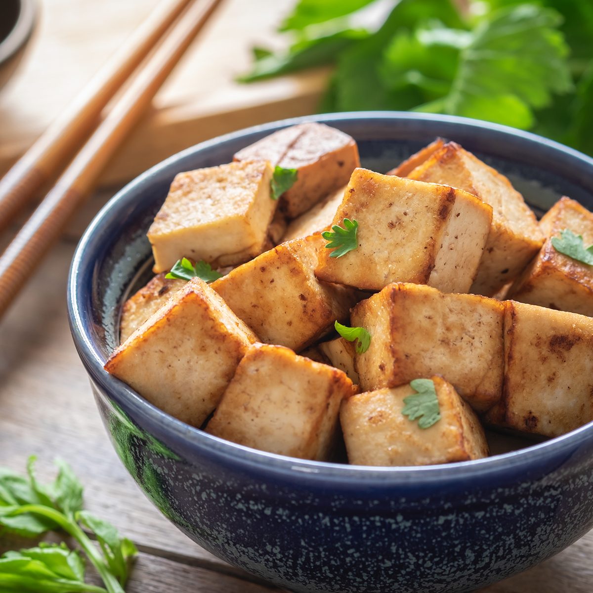 Fried tofu in bowl, Vegetarian food