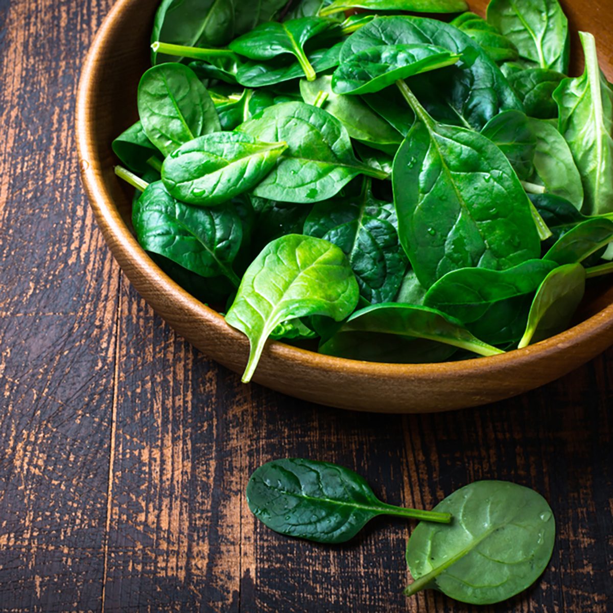 Baby spinach leaves in a bowl on dark background