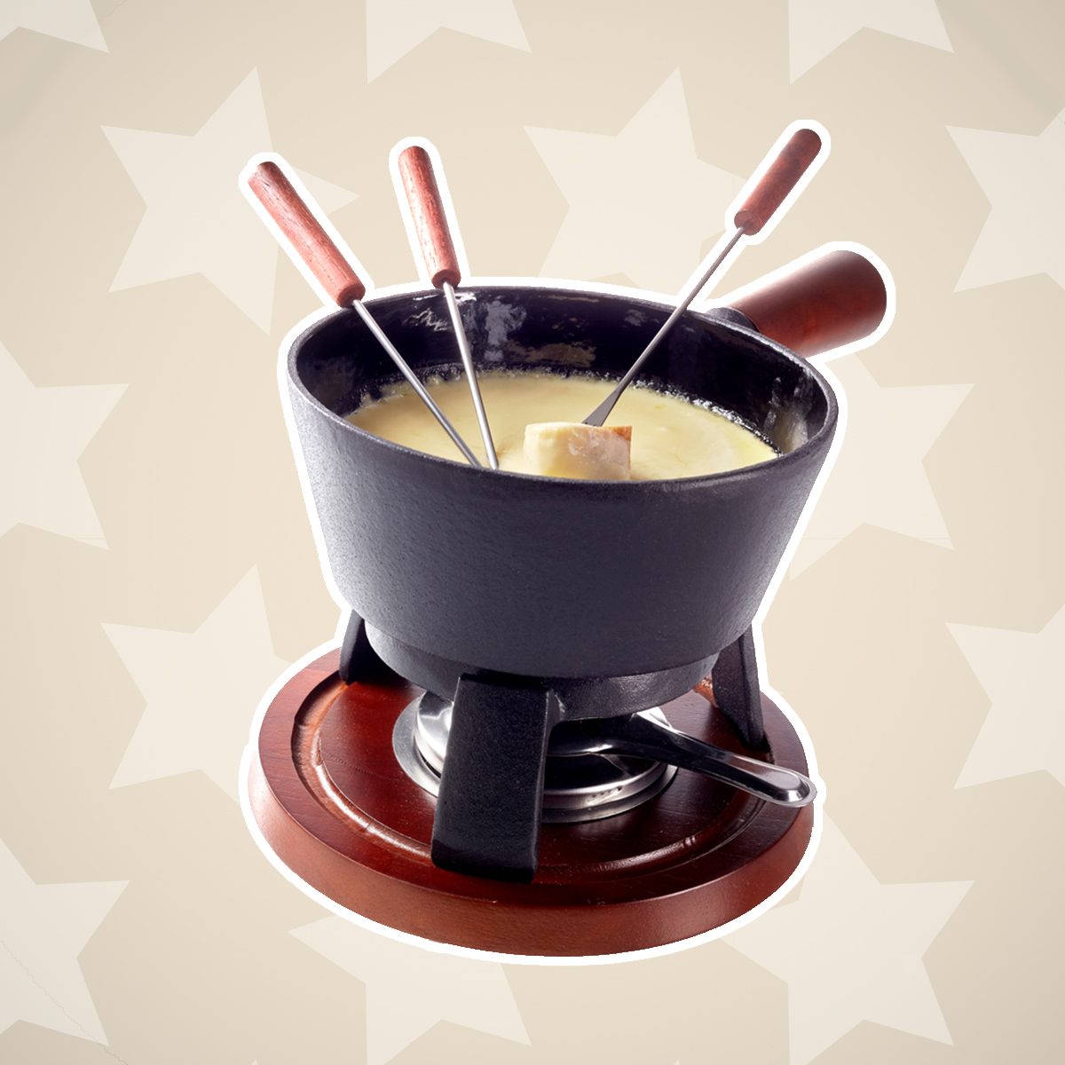 Isolated Swiss cheese fondue in a pot on a burner to keep the melted cheese and wine blend hot with long handled forks and bread for dipping; Shutterstock ID 484573432; Job (TFH, TOH, RD, BNB, CWM, CM): TOH