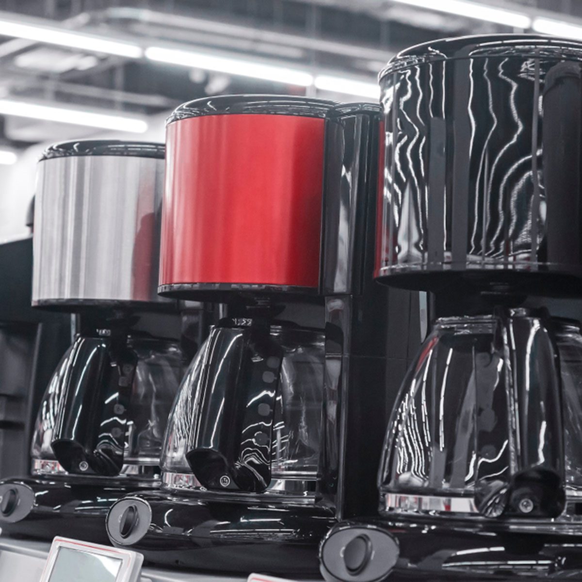 In the shop of home appliances on display are the modern drip coffee makers.