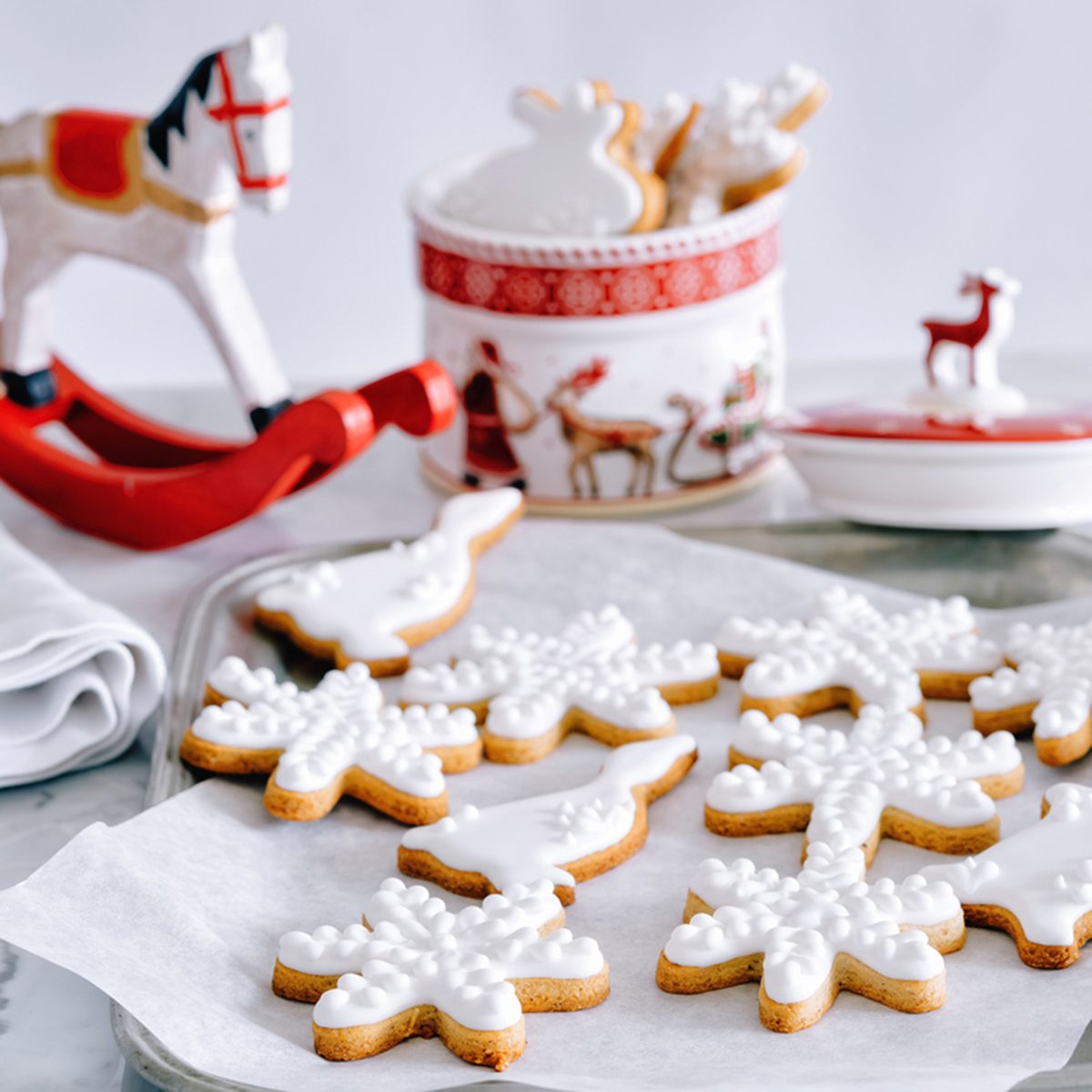 Decorated Christmas cookies on metal sheet and cookie jar; Shutterstock ID 524243692; Job (TFH, TOH, RD, BNB, CWM, CM): Taste of Home