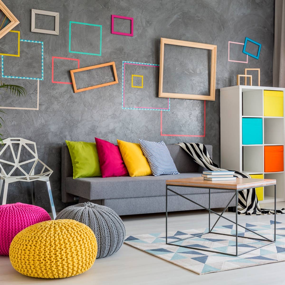 Room with brightly colored accessories