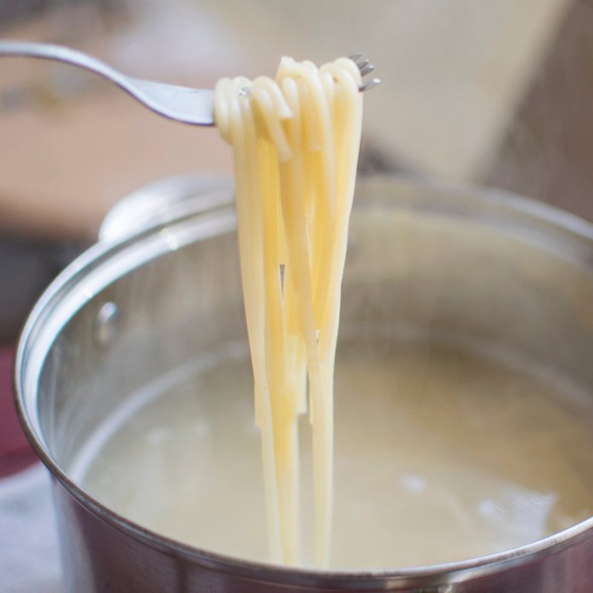 Cooked pasta on fork