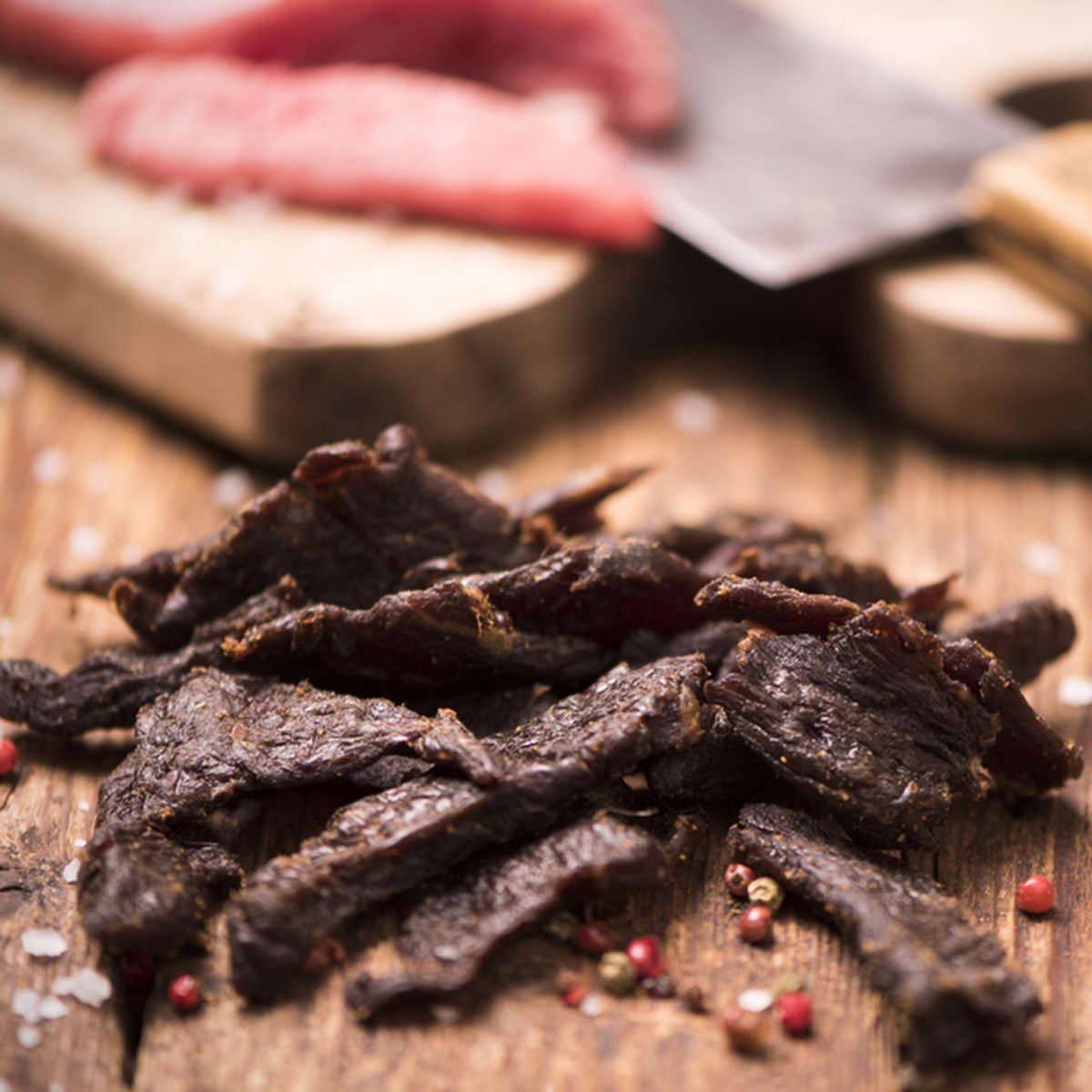 Beef Jerky on wooden background