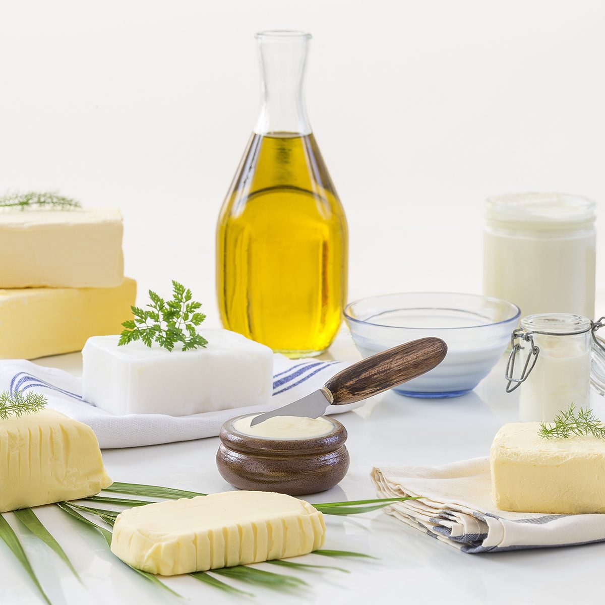 food Fats: set of dairy product and oil on white background