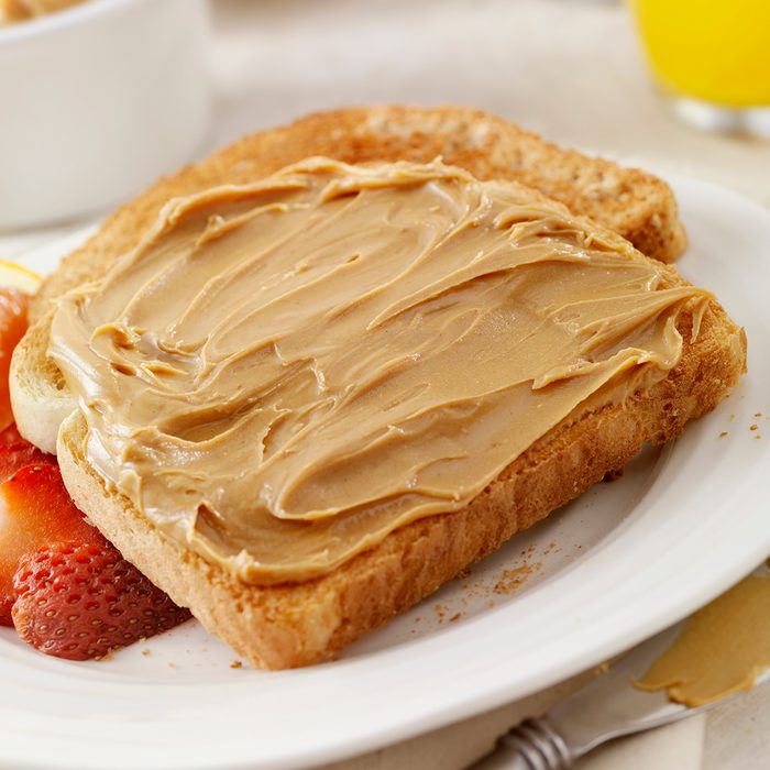 Peanut Butter on Whole Wheat Toast with Orange Juice and Milk