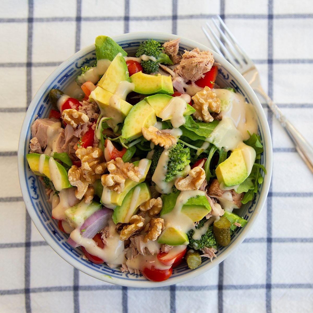 A delicious and nutritious healthy lunch on a checked tablecloth
