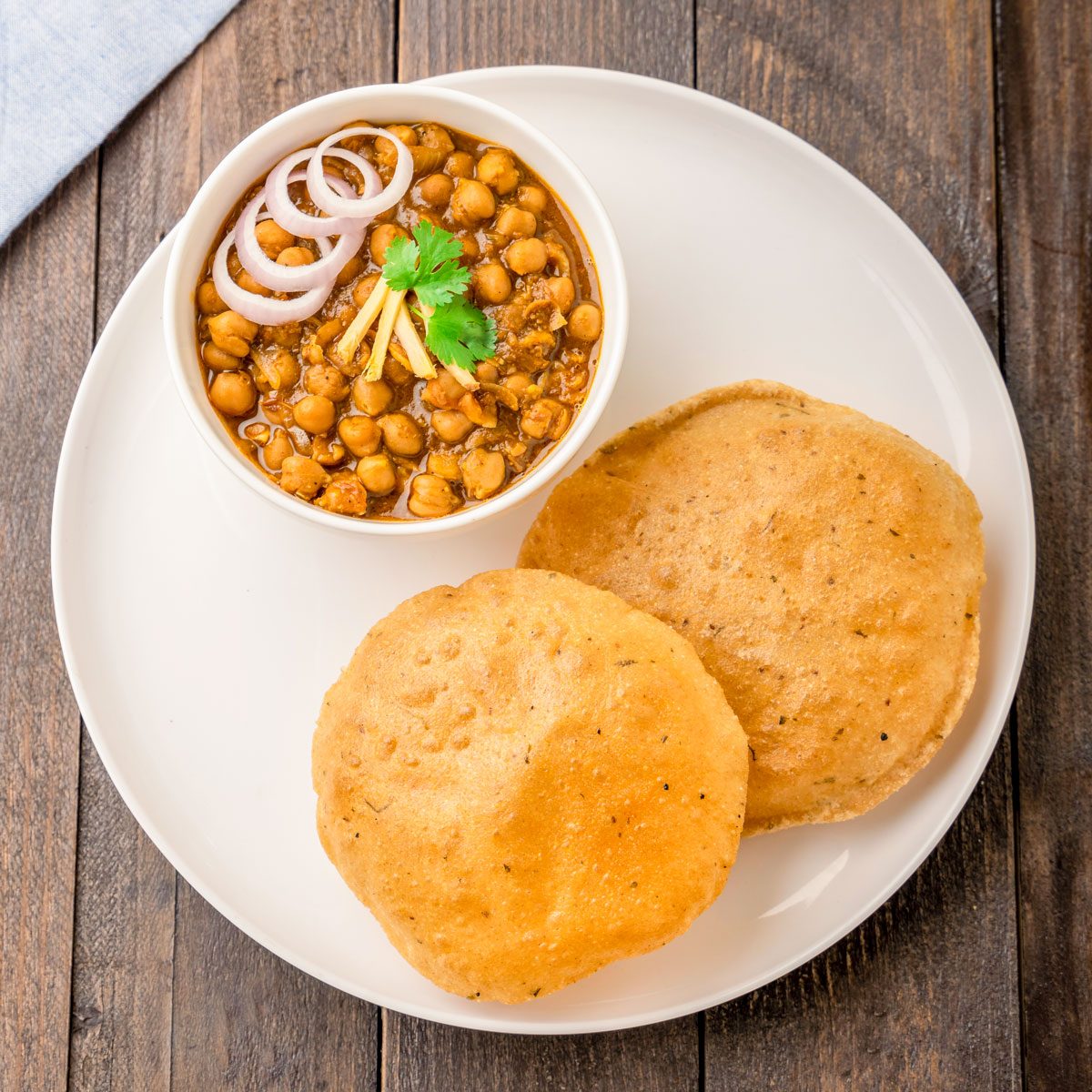 Puri Chole Served In A White Plate On Wooden Surface