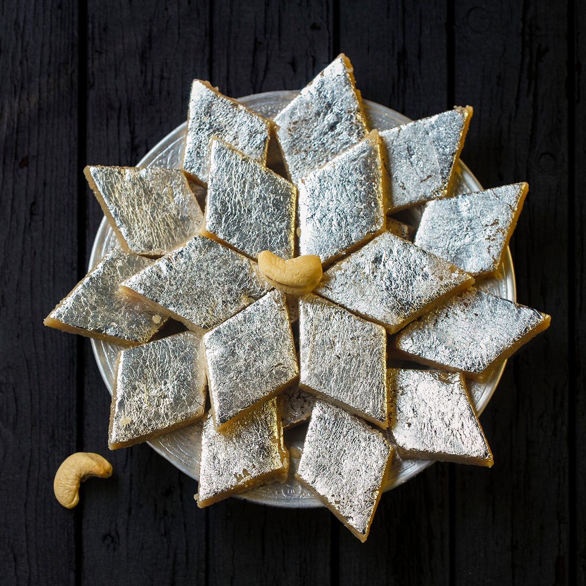 Kaju Katli, a popular indian sweet burfi made using milk, khoya, cachew and Sugar