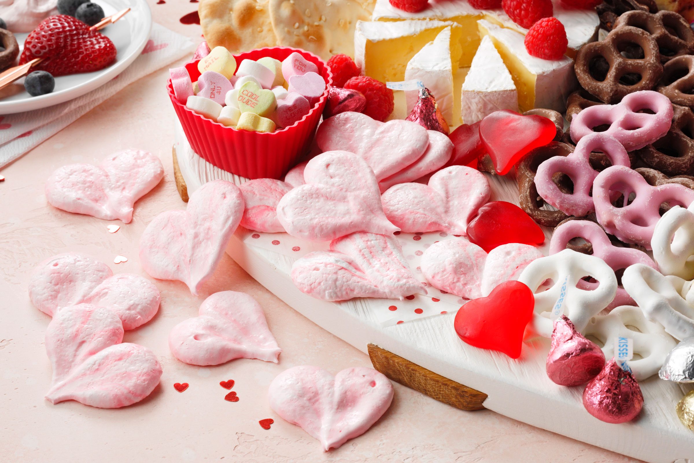 Valentines Day Board detail with cookies, candy, pretzels