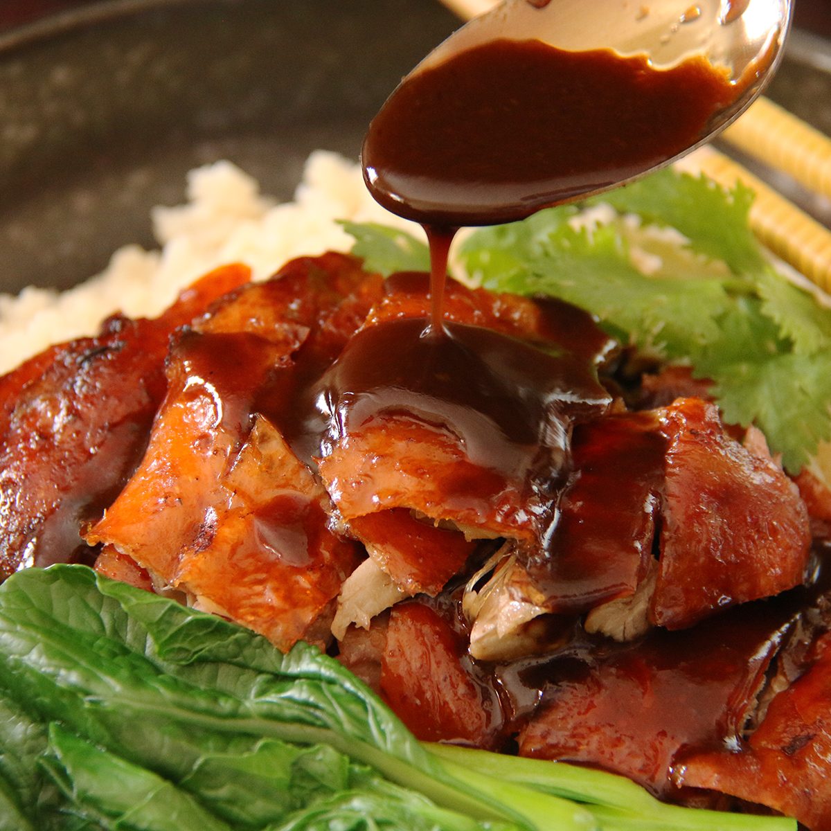 Roast Duck Rice, Chinese Meal Of Roast Duck With Rice And Vegetable