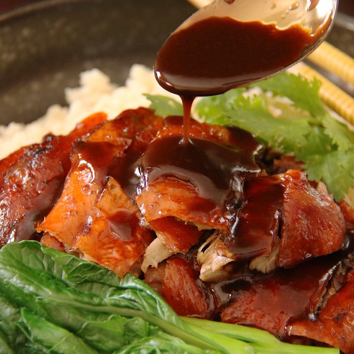 Roast Duck Rice, Chinese Meal Of Roast Duck With Rice And Vegetable