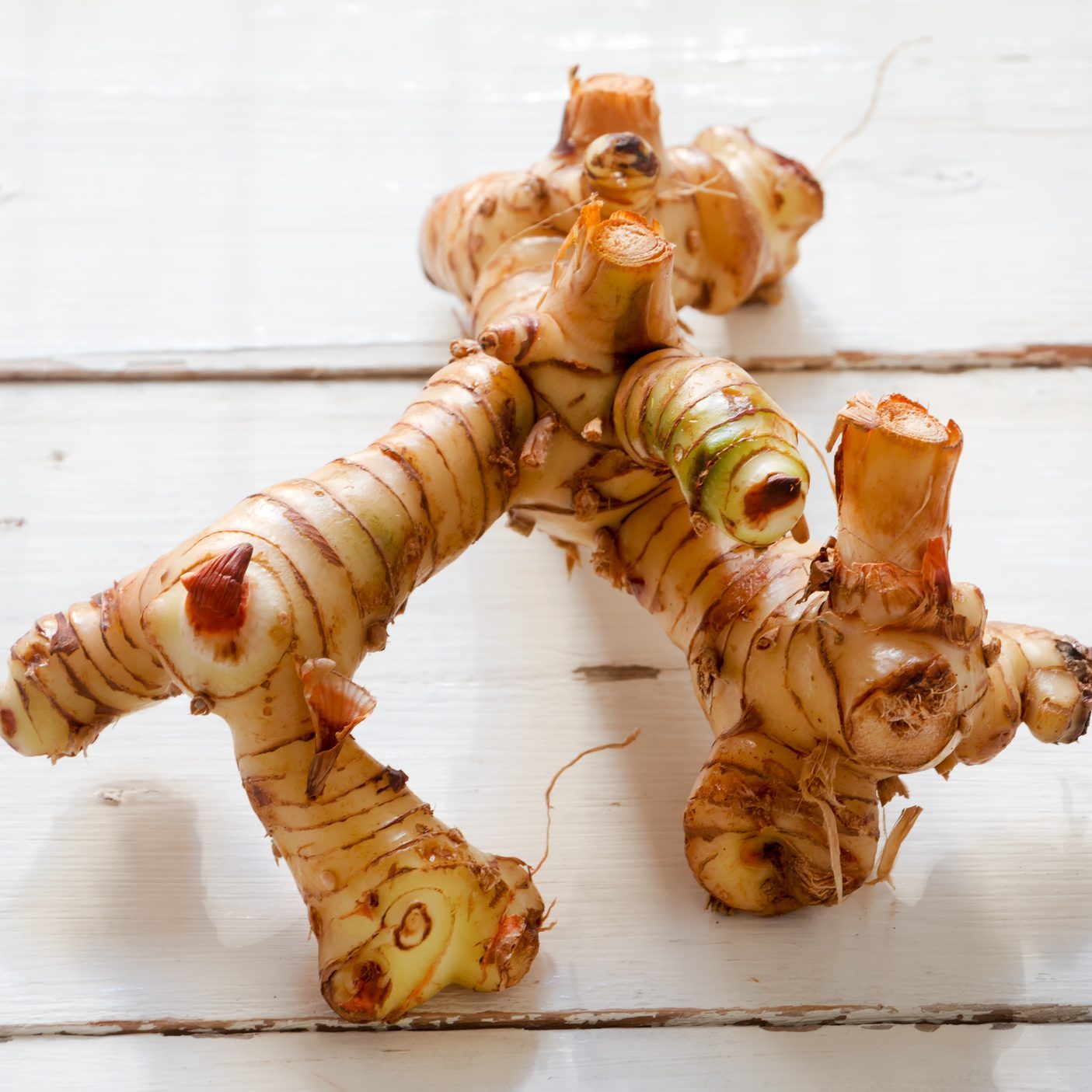 Galangal root on white wooden table