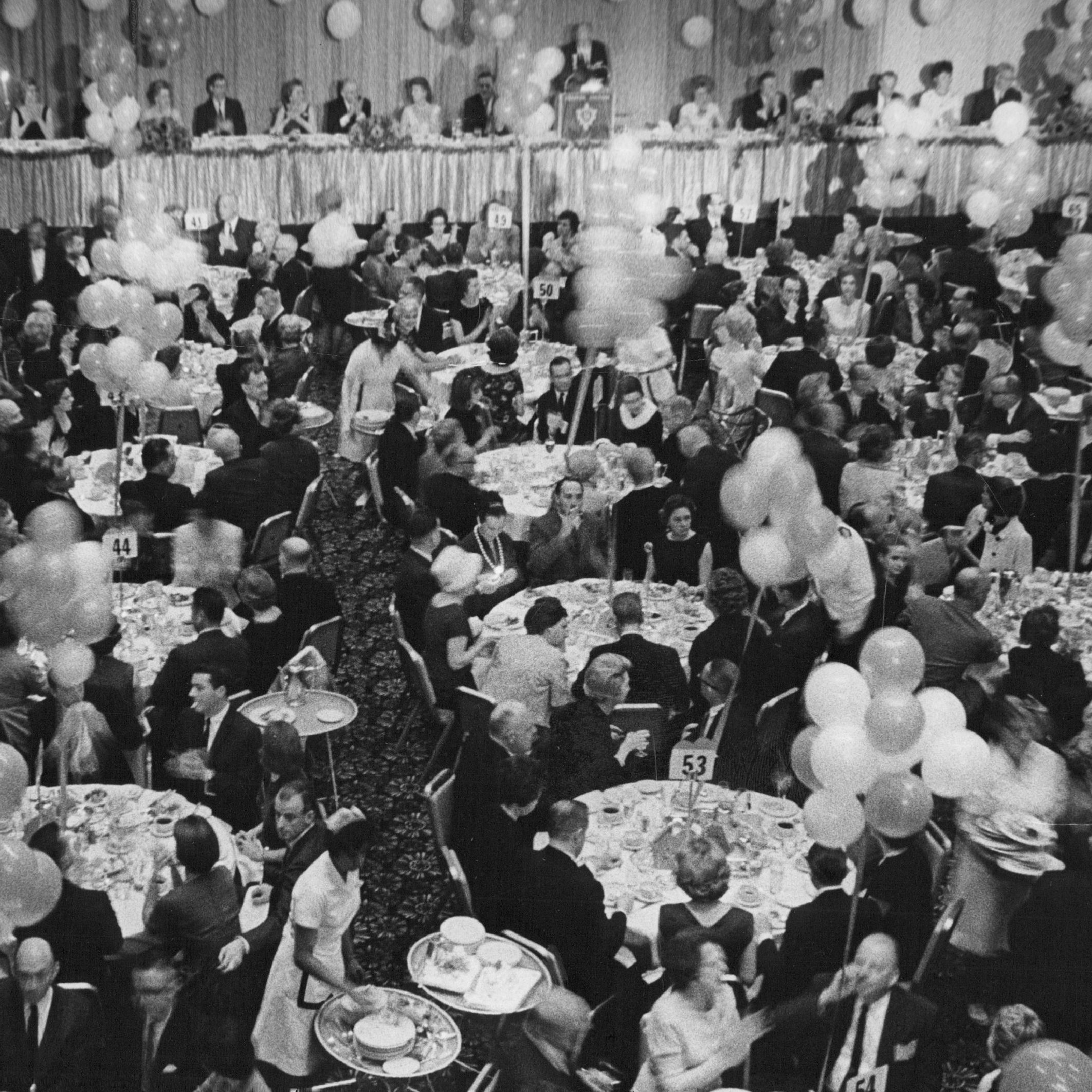 FEB 15 1966; BALLOONS DECORATE THE GRAND BALLROOM OF THE DENVER HILTON HOTEL AT MONDAY NIGHT + DINNER+; Some 1,750 persons attended the $125-a-couple Valentines Dav 
