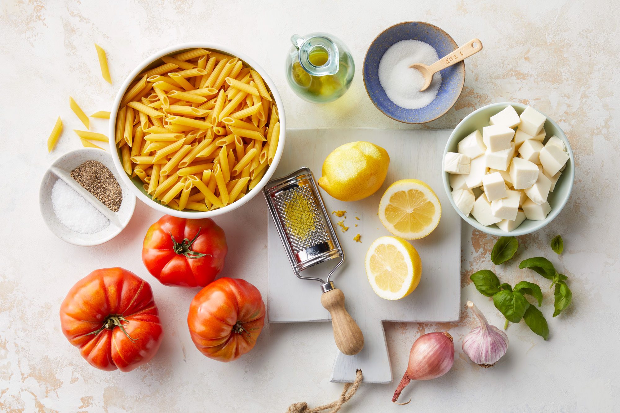 All Ingredients for Caprese Pasta Salad
