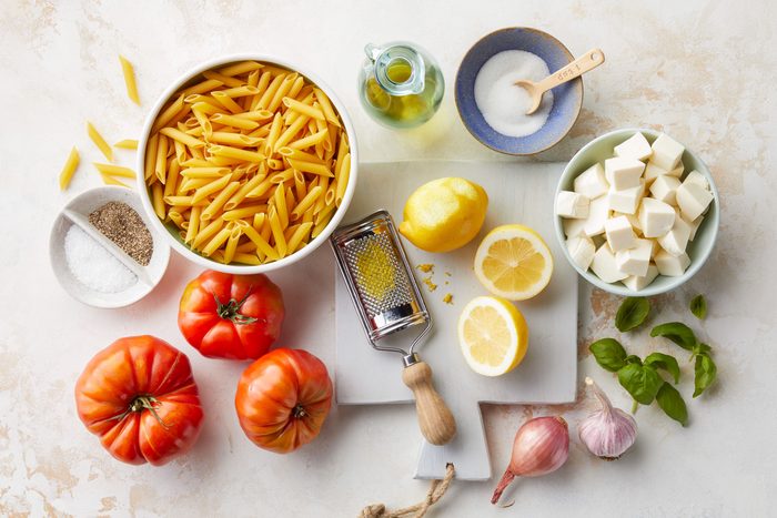 All Ingredients for Caprese Pasta Salad