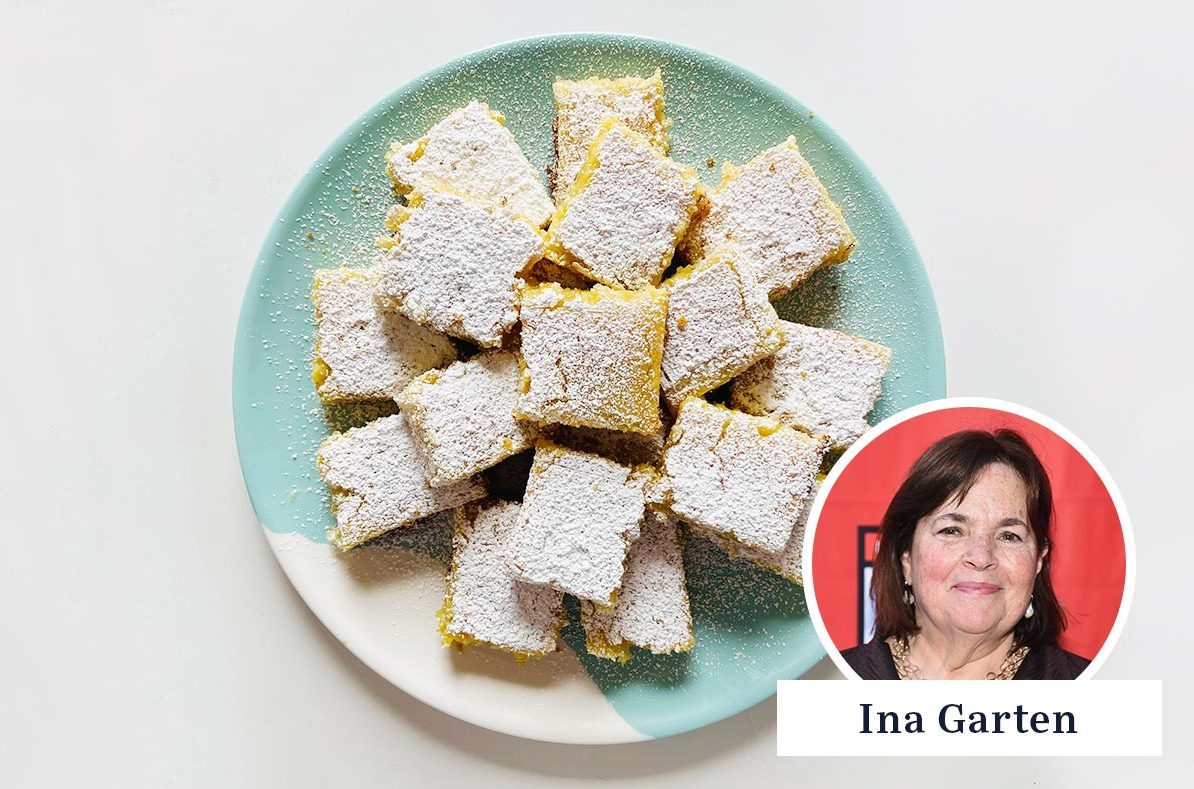 Ina Garten's Lemon Bars side by side with portrait of Ina Garten