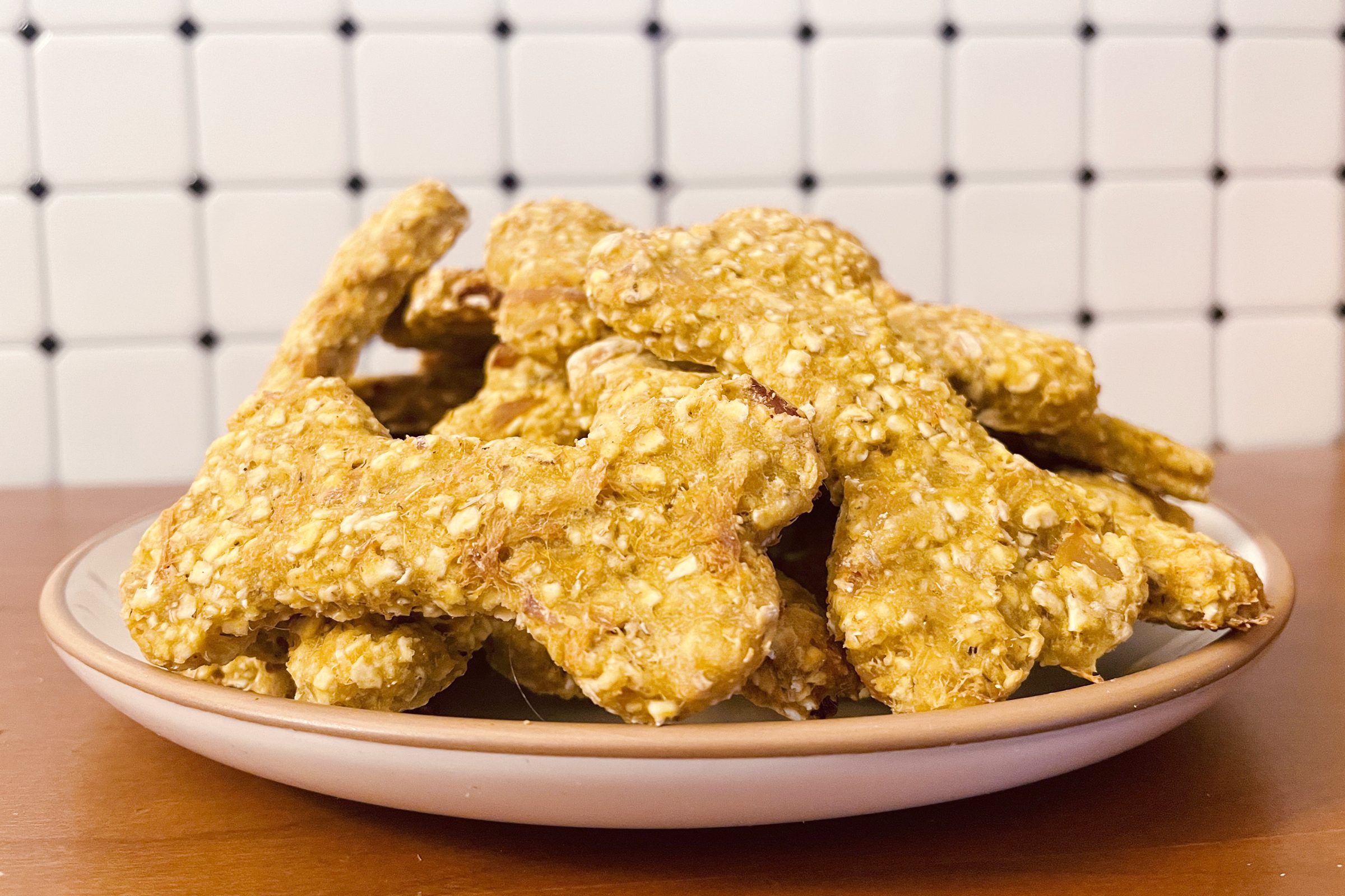 a plate with homemade chicken dog treats