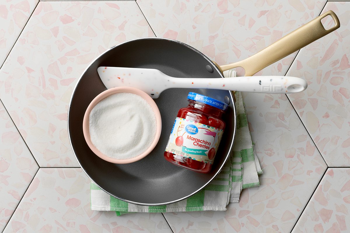 Candied Cherries // Photo 1; Overhead Shot Of All Ingredients On The Surface