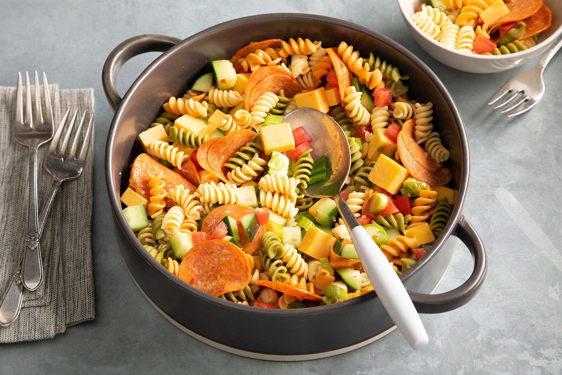 Pepperoni Pasta Salad in a big bowl 