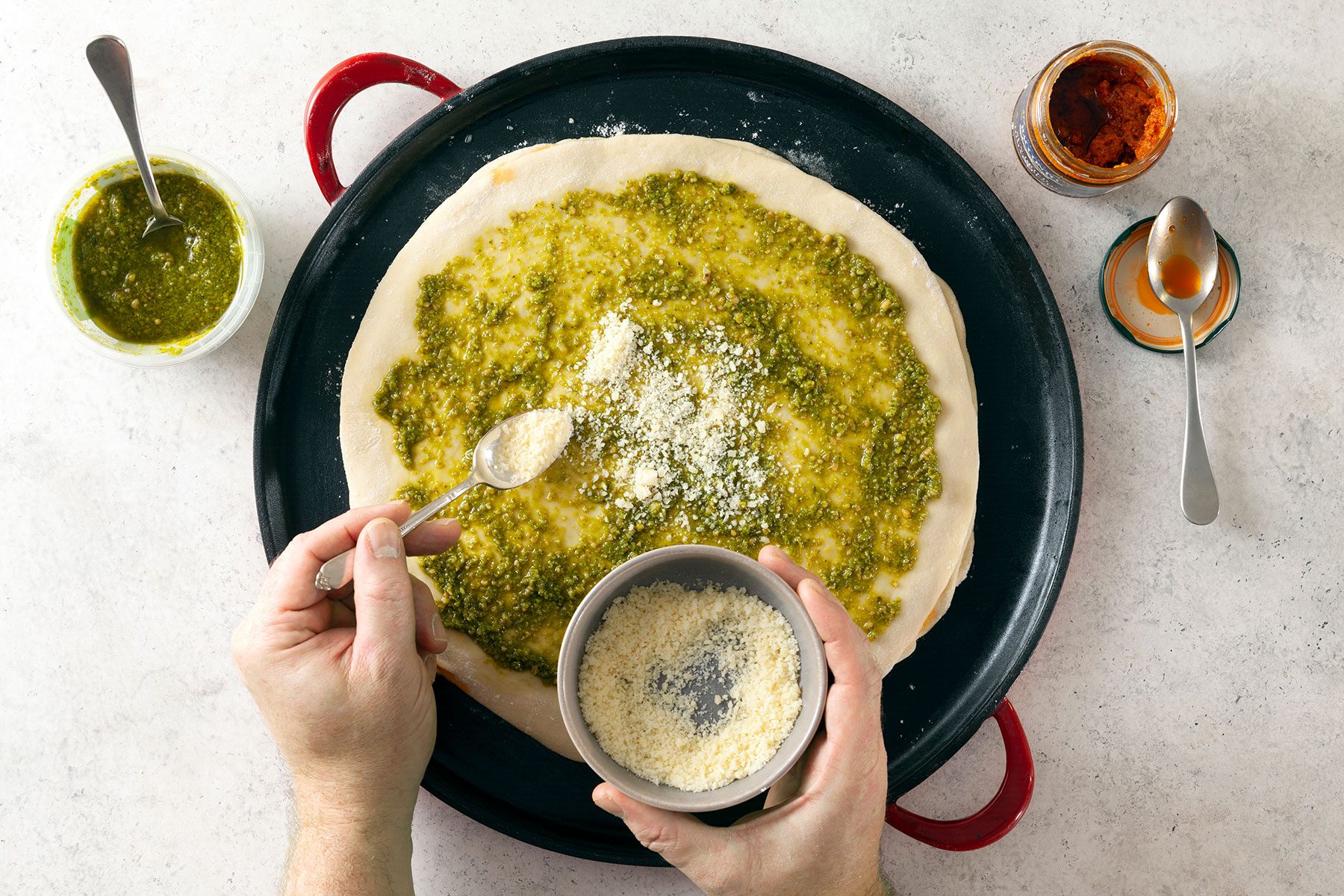 Pesto on bread dough