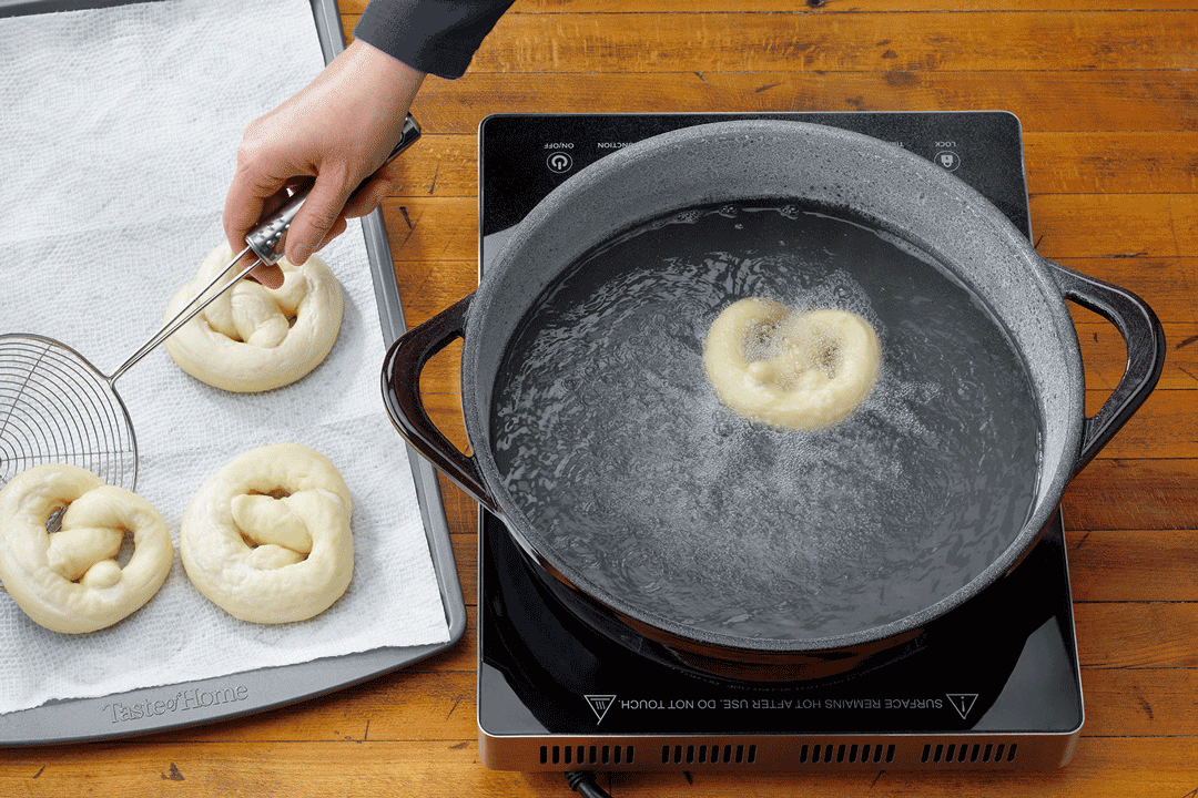 Boiling Pretzel Dough in baking Soda Bath