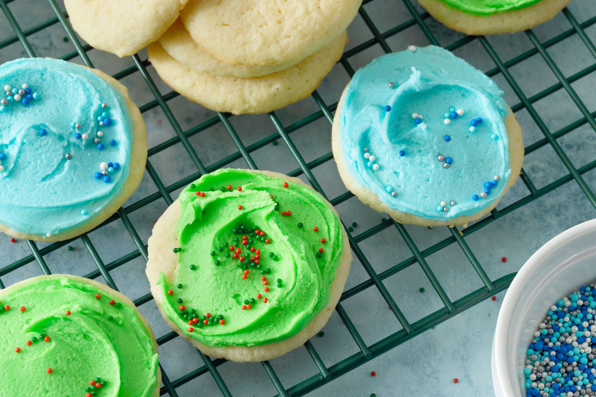 Soft Sugar Cookies decorated with coloured sugar and sprinkles