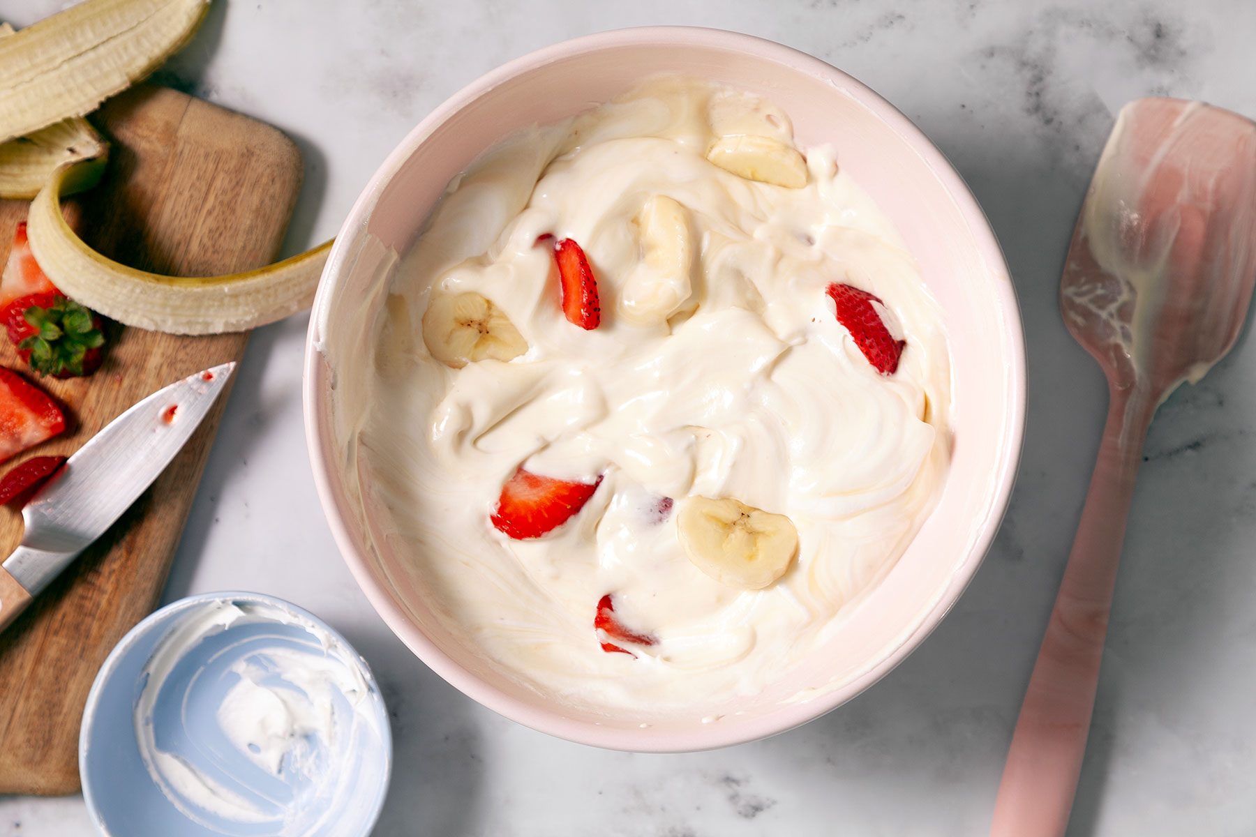 Pieces of Banana and Strawberry in Pudding