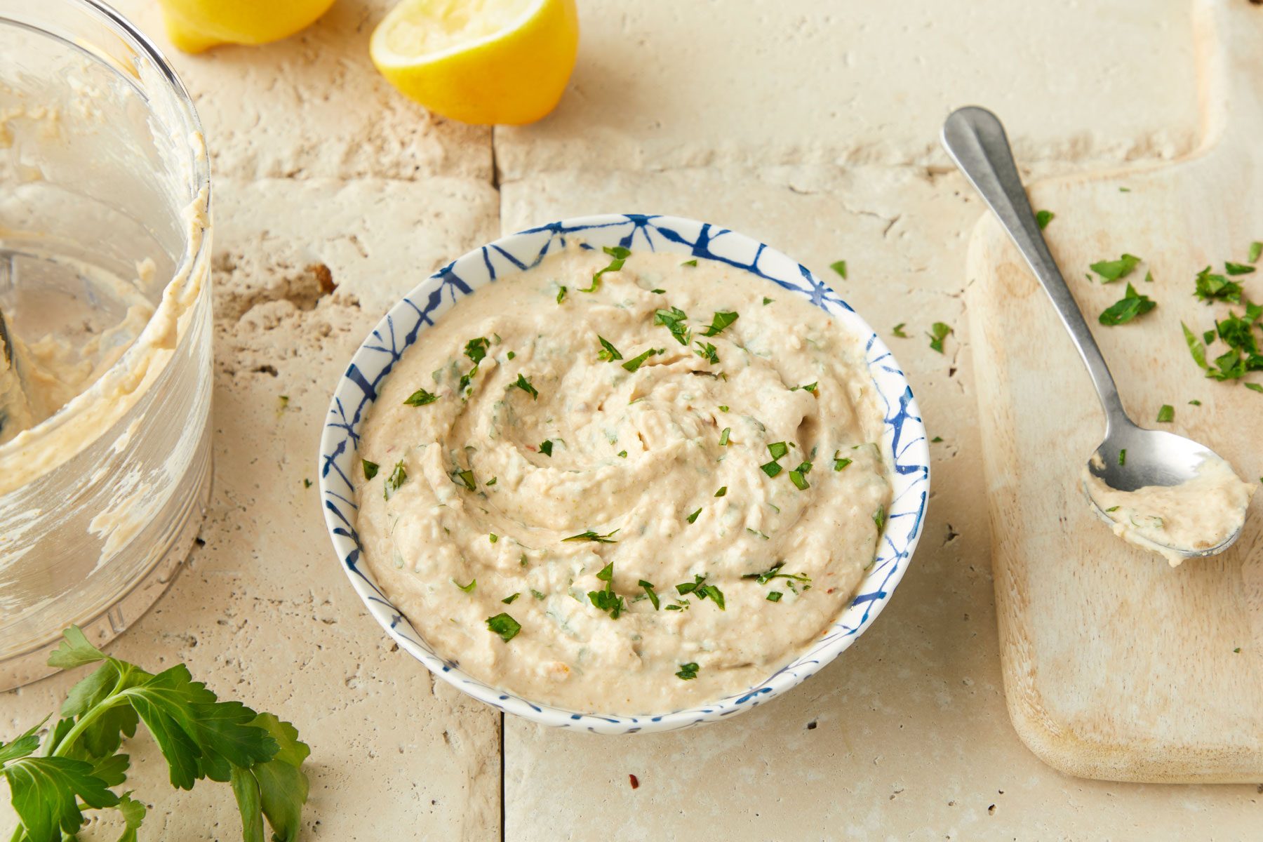 Cannellini Bean Hummus served in a small bowl on a kitchen countertop