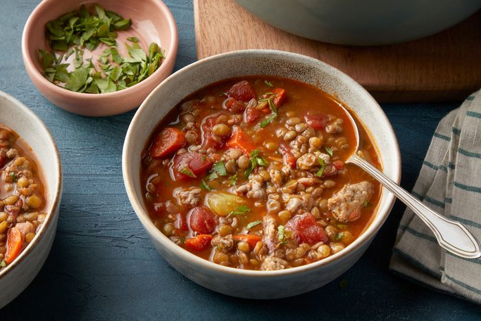 Ham And Lentil Soup served in a dutch oven