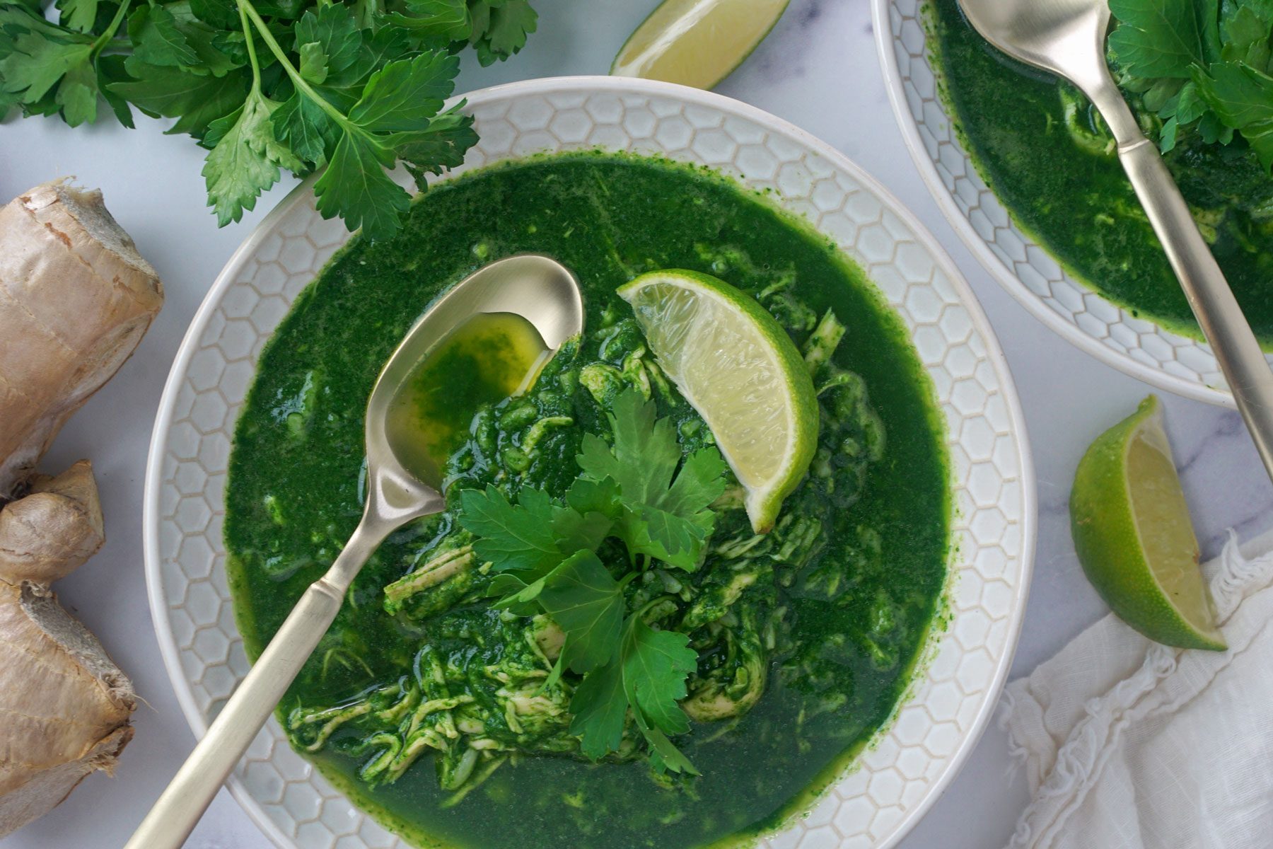 Swamp Soup with lemon served in a bowl