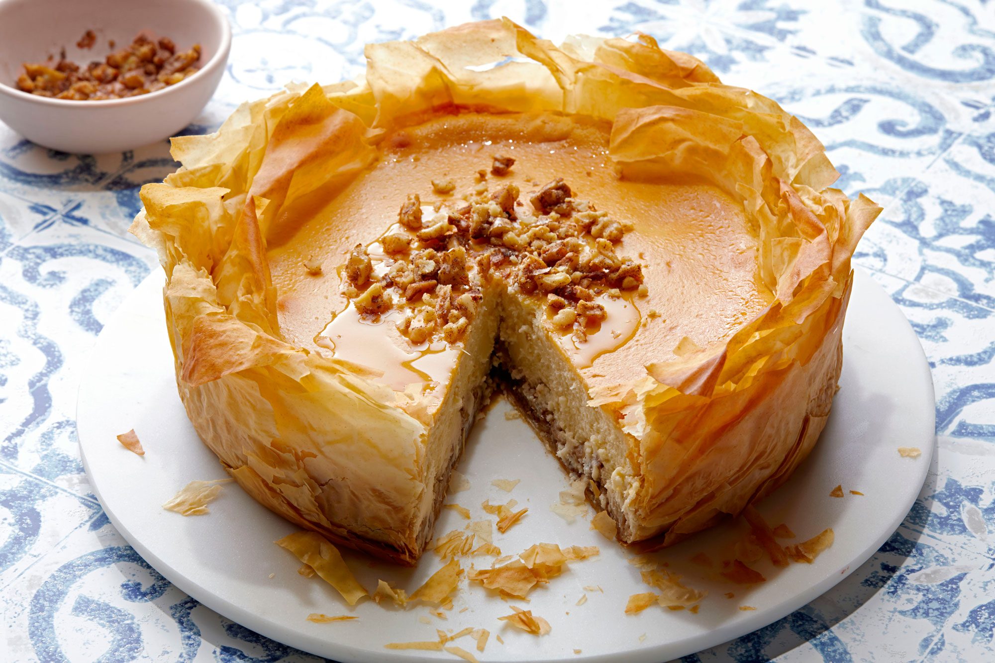 Delicious Baklava Cheesecake sliced on a plate