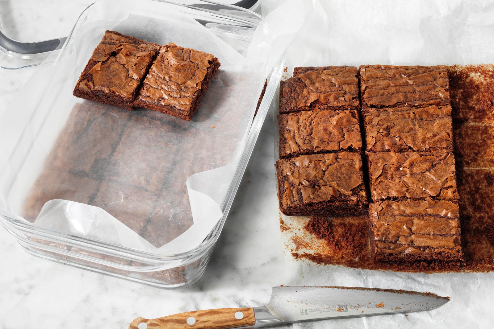 Brownie slices being prepped for freezing