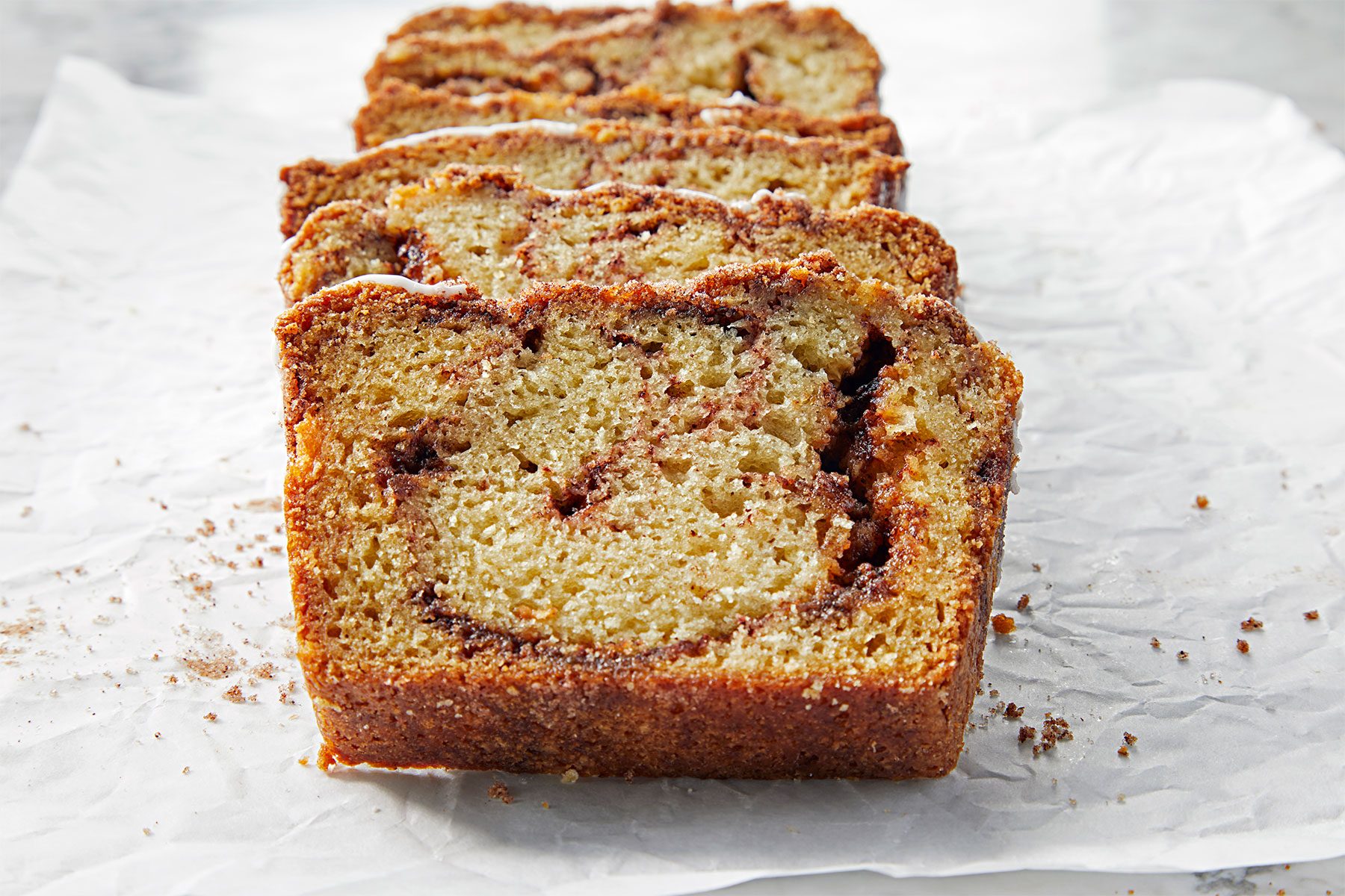wide shot of cinnamon swirl bread slices;