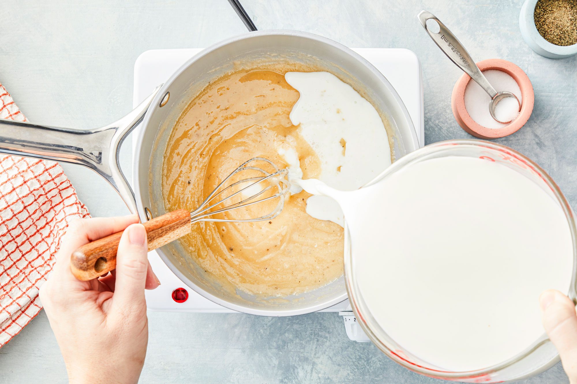 Melt butter in a large saucepan and whisk flour, salt and pepper