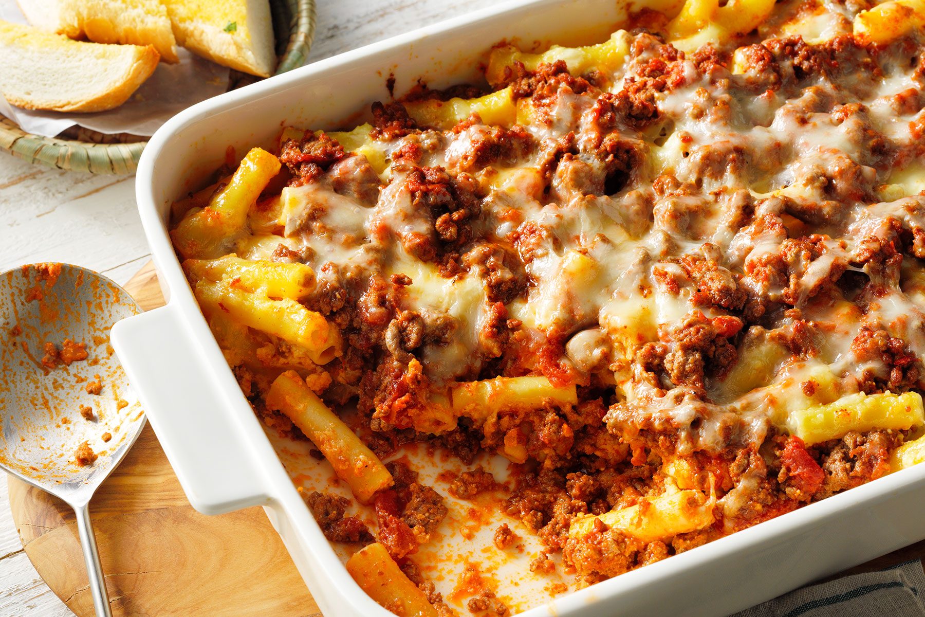 A casserole dish with pasta and meat