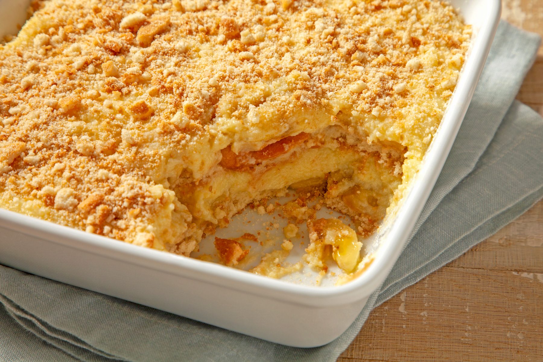 A white baking dish of banana pudding