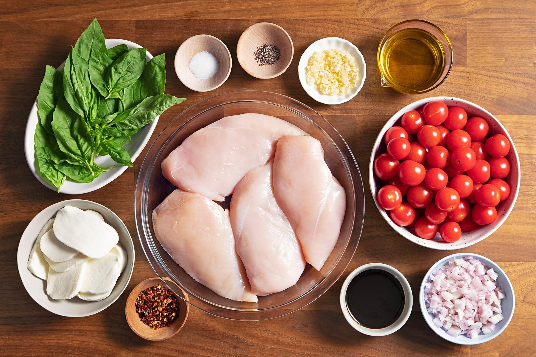 Overhead shot of all ingredients; brown wooden background;