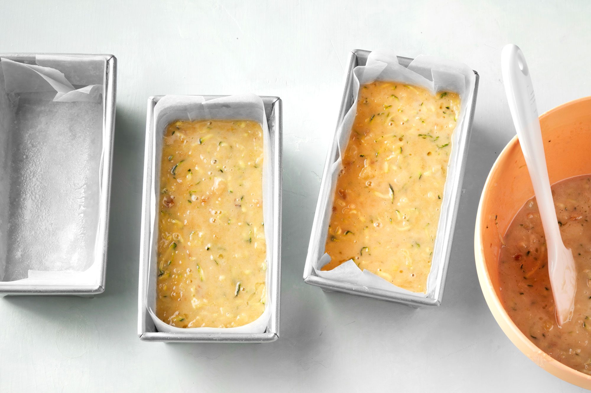overhead shot of bread mix in loaf pan; ready to bake;