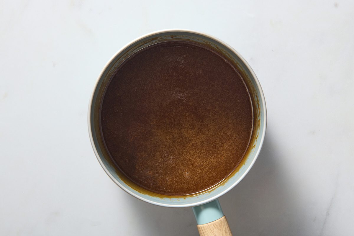 Butterscotch sauce after it has been allowed to cool in the pan