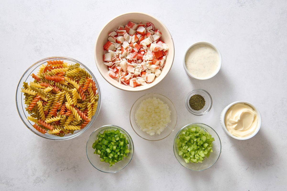 Crab pasta salad ingredients