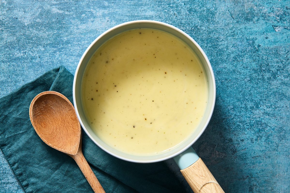 Overhead shot of cream of chicken soup once cooked