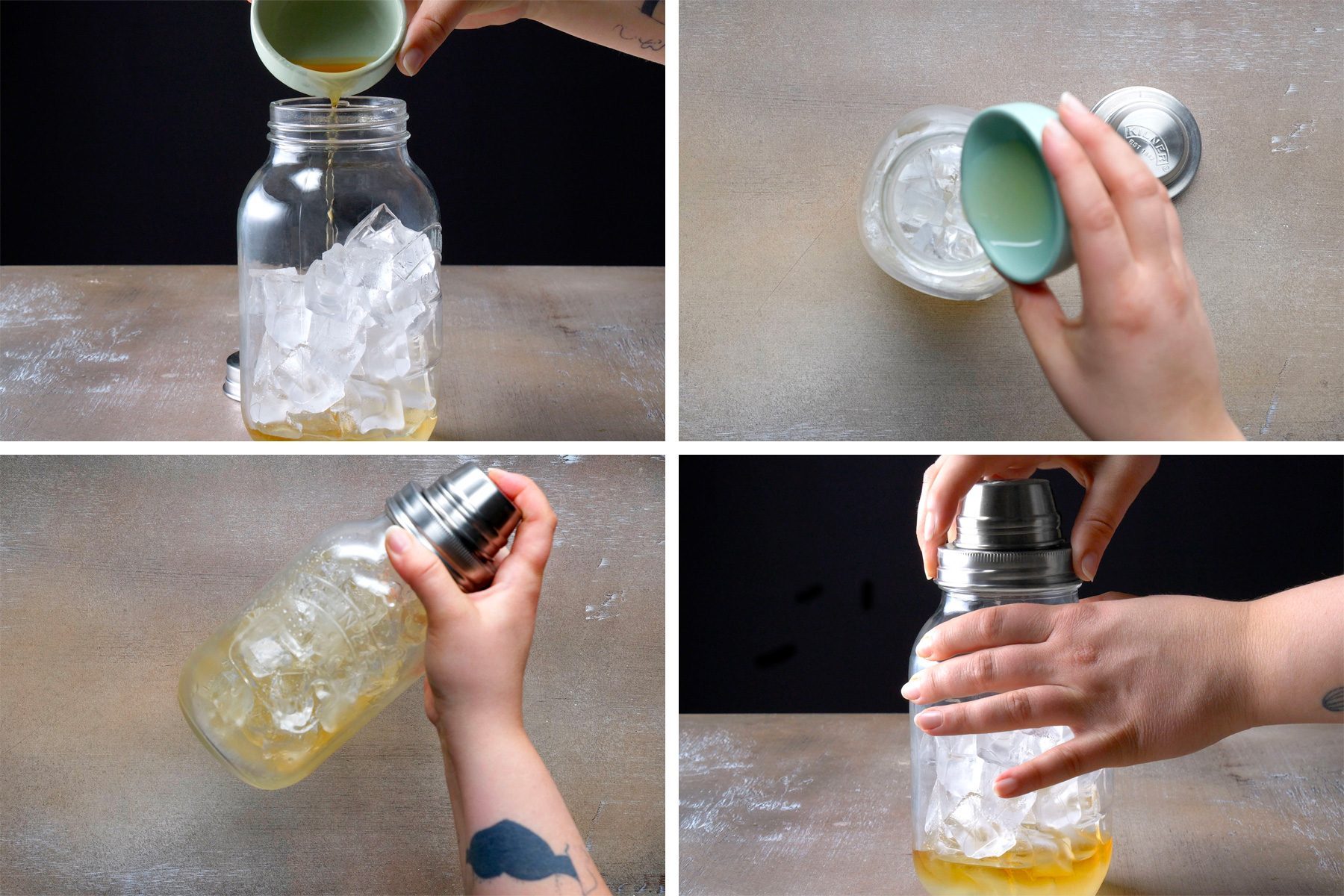 Grid of 4 images making of Dark-n-Stormy Cocktail