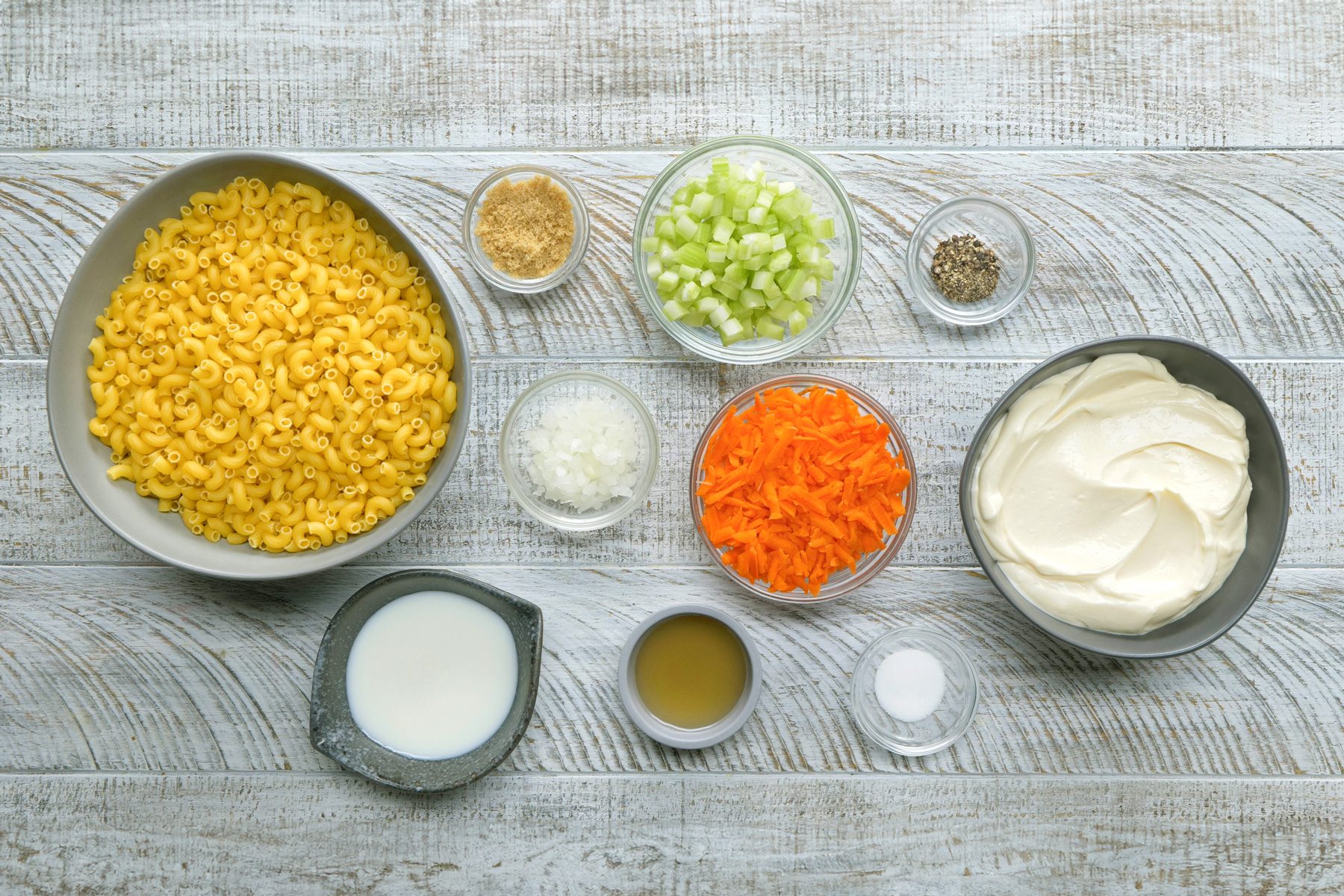 Ingredients for Hawaiian Macaroni Salad - macaroni, peppers, onions, mayonnaise, vinegar, carrot